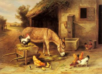 埃德加 亨特 A Donkey And Chickens Outside A Stable